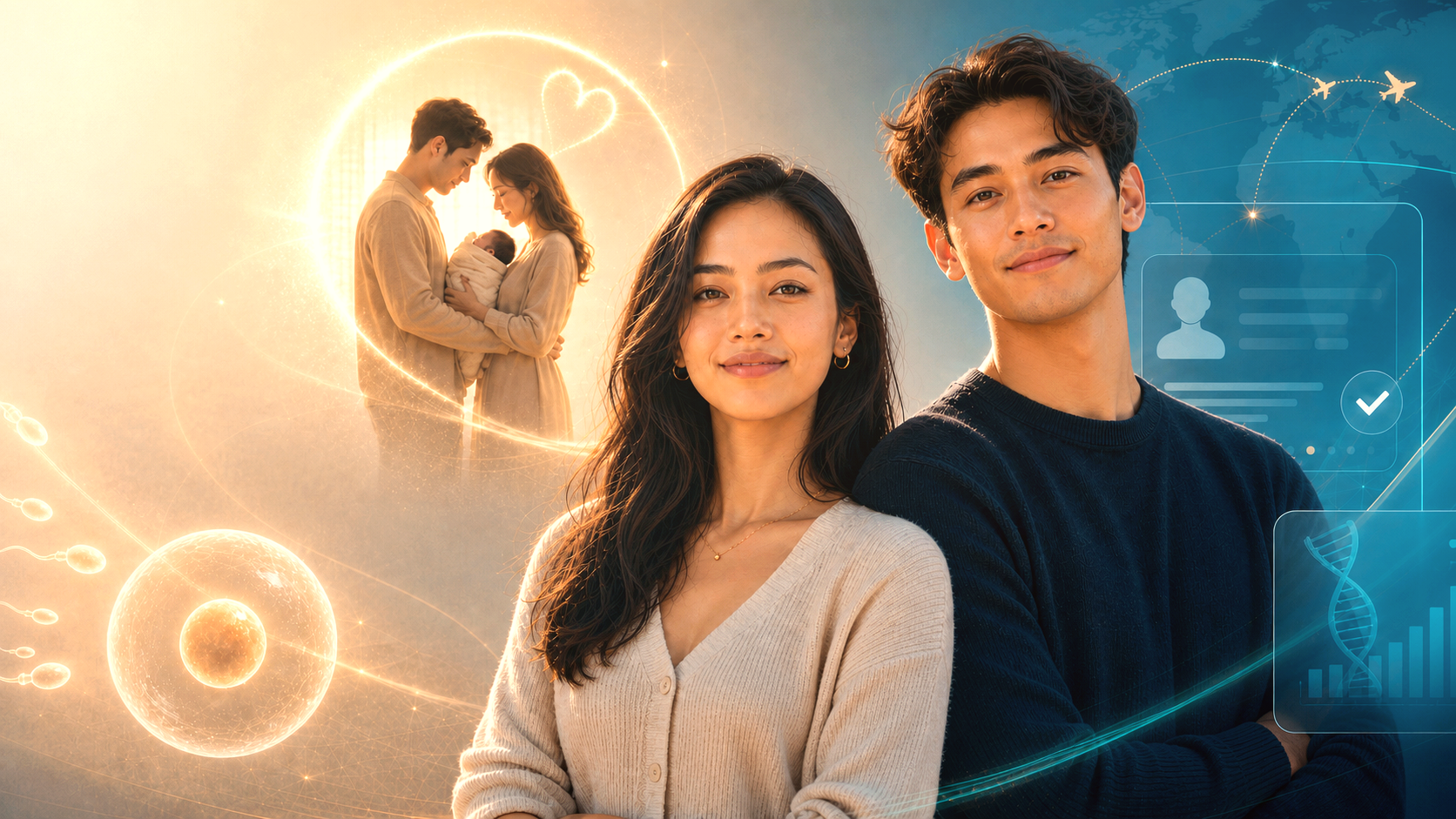 Young adult egg and sperm donor candidates in a bright Vera Path world-travel recruitment poster